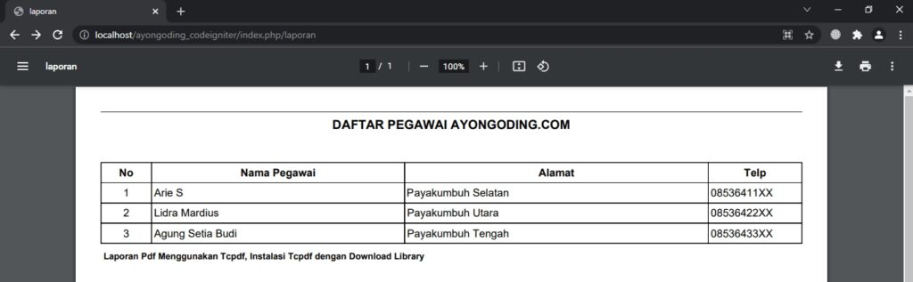 Laporan Tcpdf CodeIgniter