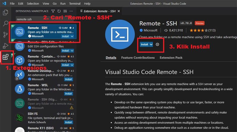 Install Extension Remote-SSH di Visual Studio Code